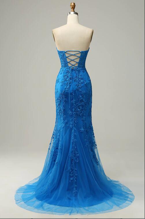 Blue Long Mermaid Evening Dresses with Glitter Criss-cross Straps Prom Dresses