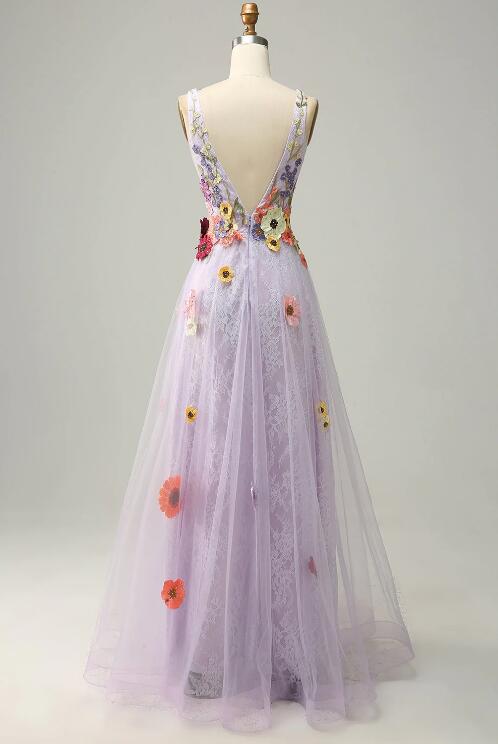 Stunning A-Line V-Neck Lace Applique Lavender Maxi Prom Dress For Women main image 0
