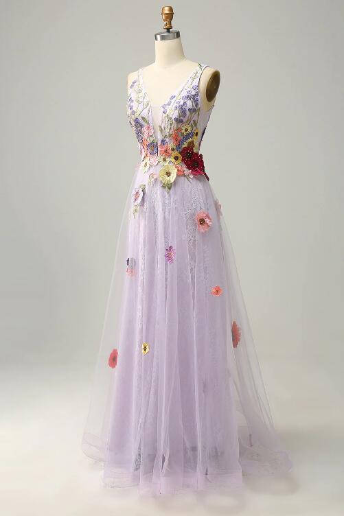 Dusty Sage Plunging V Neck Appliques Lace-Up A-line Long Prom Dress main image 1