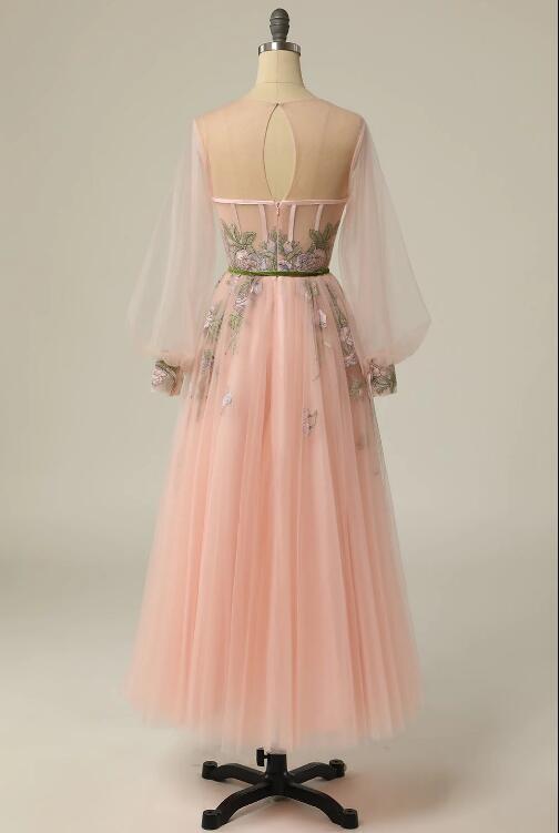 A Line Jewel Light Nude Tea Length Ball Dress with Long Sleeves
